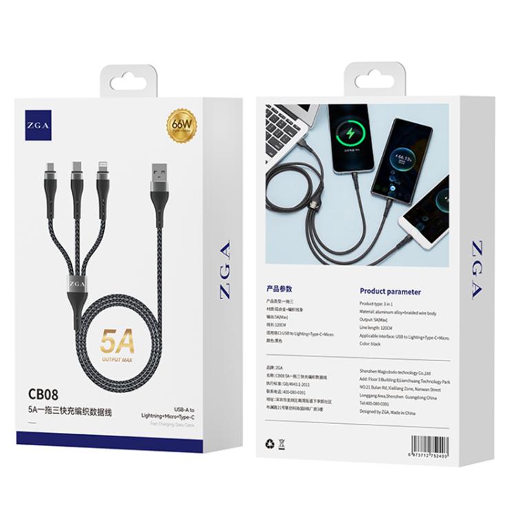 ZGA CB08 5A 3 in 1 USB Fast Charging Braided Data Cable, Length: 1.2m - Black
