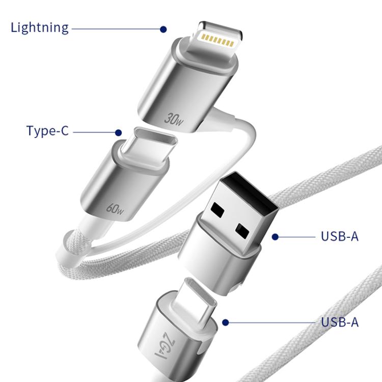 ZGA CB10 60W USB/Type-C to 8 Pin/Type-C 4 in 1 Fast Charging Data Cable, Length: 1.2m - White