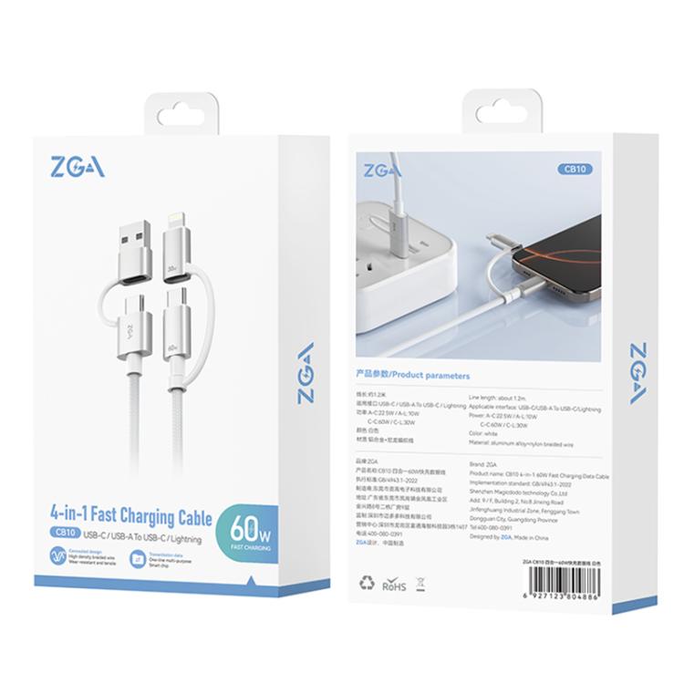 ZGA CB10 60W USB/Type-C to 8 Pin/Type-C 4 in 1 Fast Charging Data Cable, Length: 1.2m - White