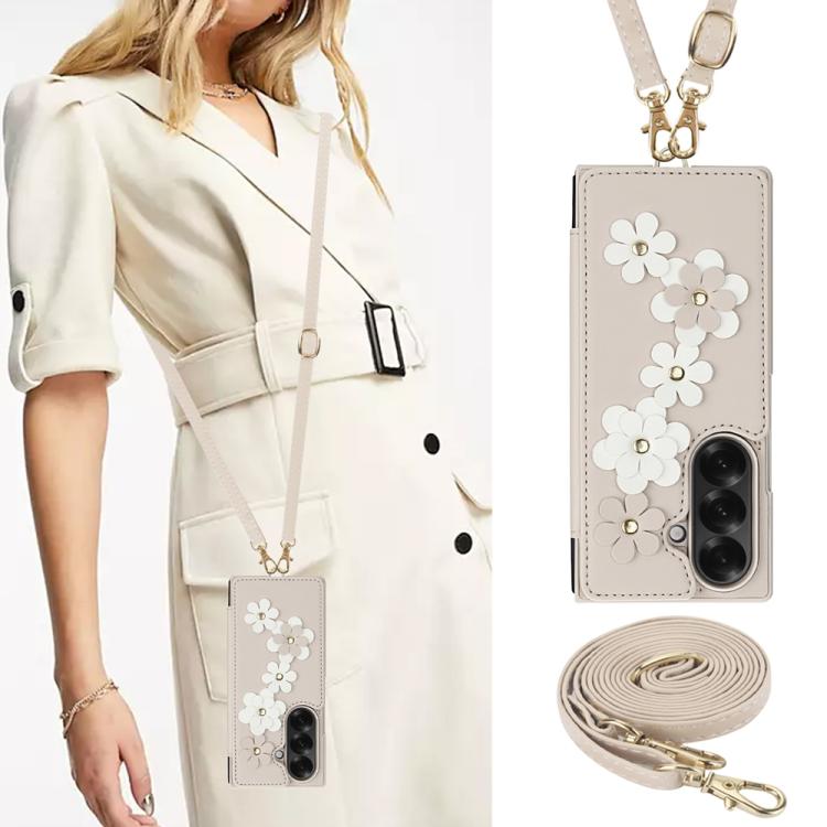 For Samsung Galaxy Z Fold7 5G Crossbody Flower Pattern Leather Phone Case