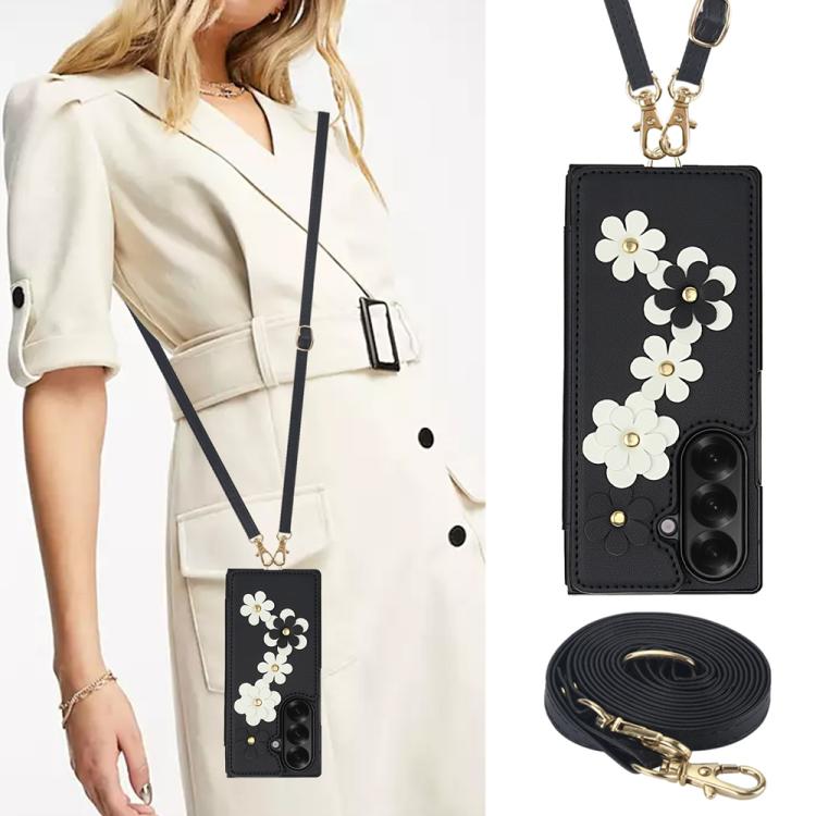 For Samsung Galaxy Z Fold7 5G Crossbody Flower Pattern Leather Phone Case