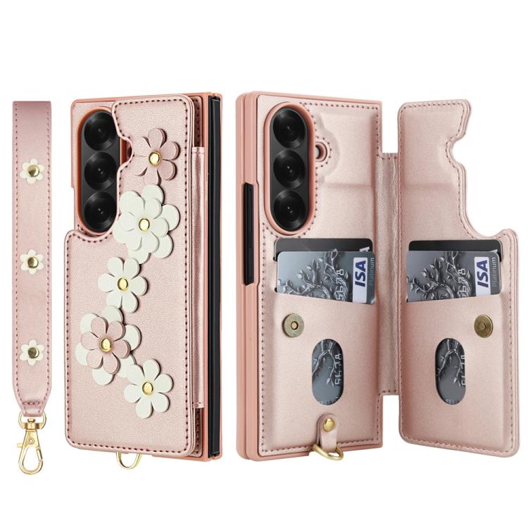 For Samsung Galaxy Z Fold7 5G Crossbody Flower Pattern Leather Phone Case