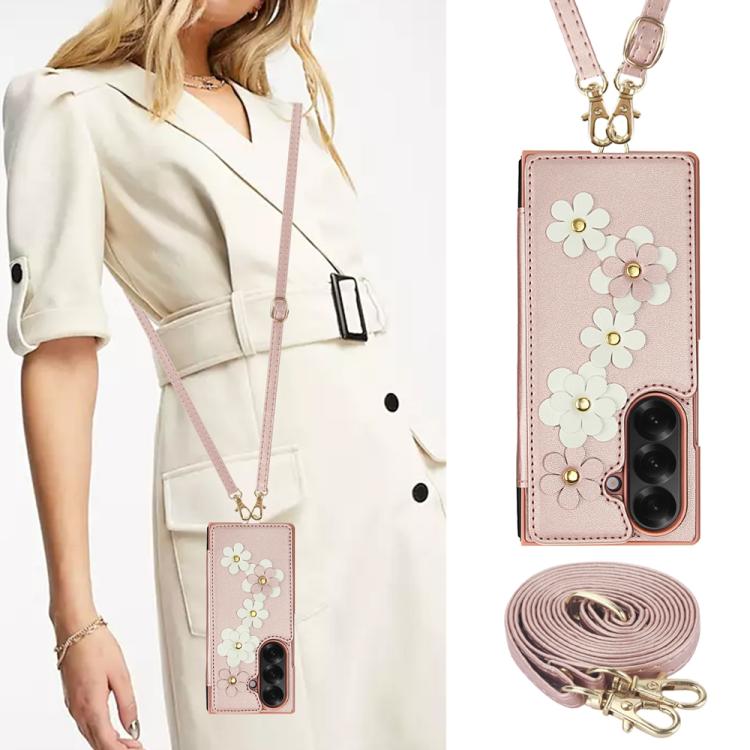 For Samsung Galaxy Z Fold7 5G Crossbody Flower Pattern Leather Phone Case