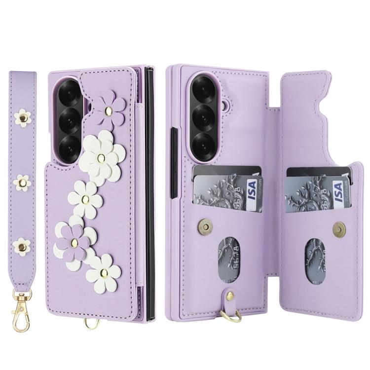 For Samsung Galaxy Z Fold7 5G Crossbody Flower Pattern Leather Phone Case