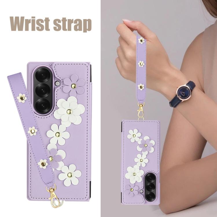 For Samsung Galaxy Z Fold7 5G Crossbody Flower Pattern Leather Phone Case