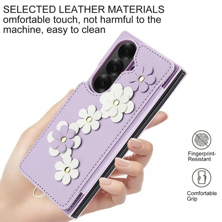 For Samsung Galaxy Z Fold7 5G Crossbody Flower Pattern Leather Phone Case
