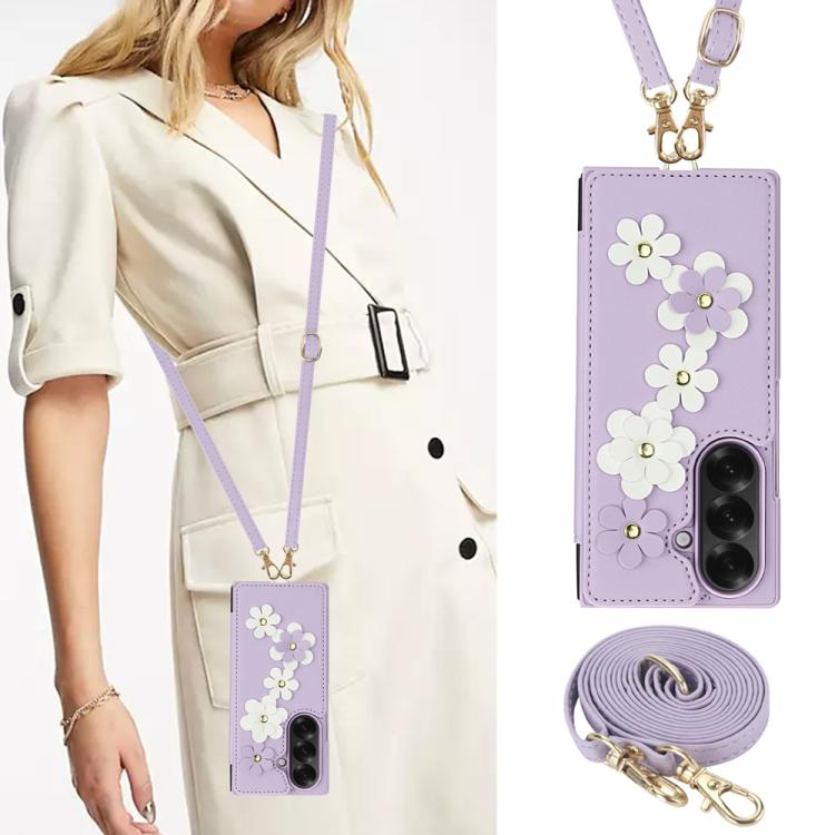 For Samsung Galaxy Z Fold7 5G Crossbody Flower Pattern Leather Phone Case
