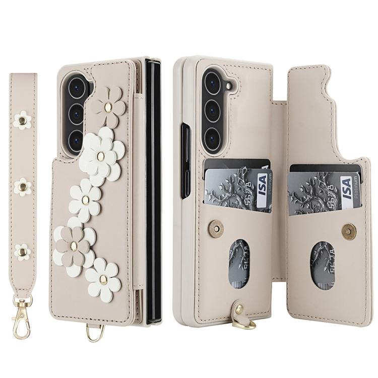 For Samsung Galaxy Z Fold5 Crossbody Flower Pattern Leather Phone Case