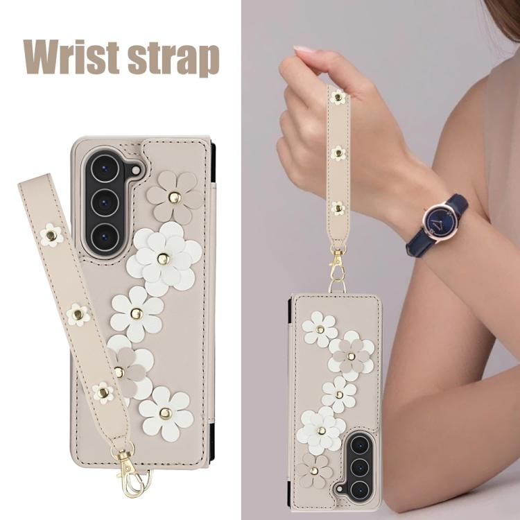 For Samsung Galaxy Z Fold5 Crossbody Flower Pattern Leather Phone Case