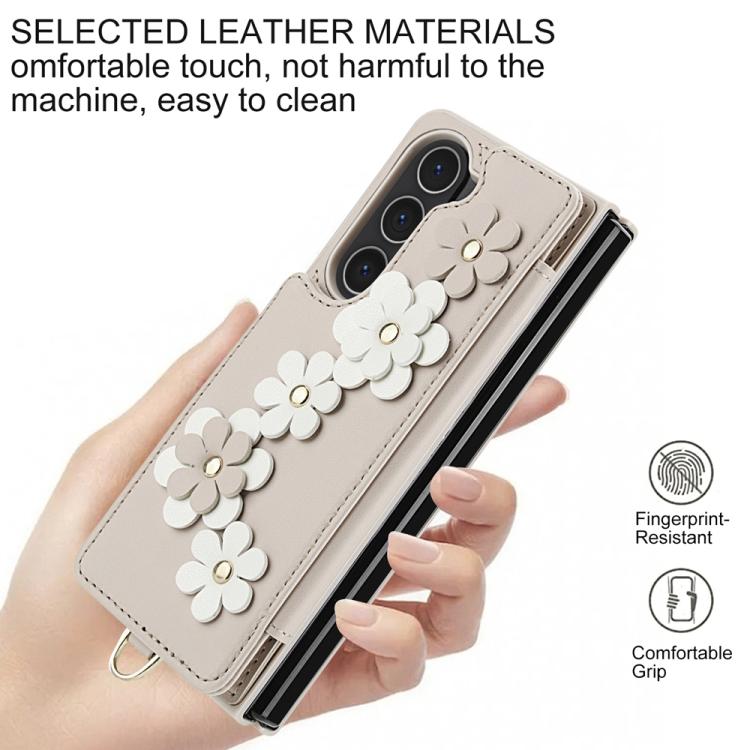 For Samsung Galaxy Z Fold5 Crossbody Flower Pattern Leather Phone Case