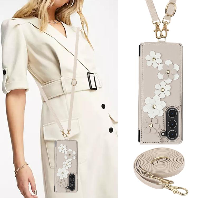 For Samsung Galaxy Z Fold5 Crossbody Flower Pattern Leather Phone Case