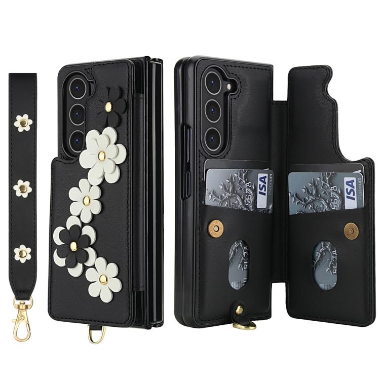 For Samsung Galaxy Z Fold5 Crossbody Flower Pattern Leather Phone Case