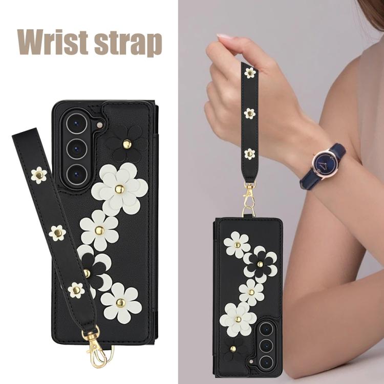 For Samsung Galaxy Z Fold5 Crossbody Flower Pattern Leather Phone Case