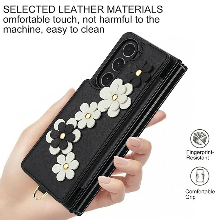 For Samsung Galaxy Z Fold5 Crossbody Flower Pattern Leather Phone Case