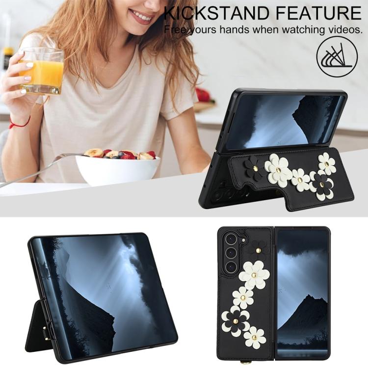 For Samsung Galaxy Z Fold5 Crossbody Flower Pattern Leather Phone Case