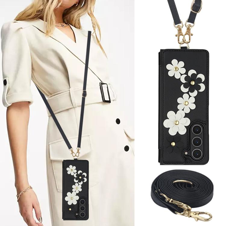 For Samsung Galaxy Z Fold5 Crossbody Flower Pattern Leather Phone Case