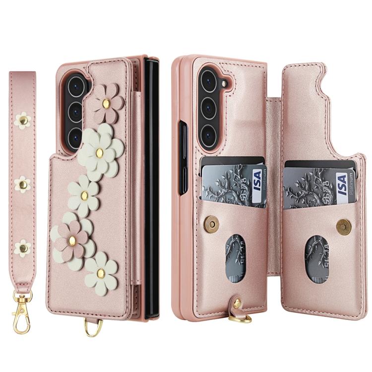 For Samsung Galaxy Z Fold5 Crossbody Flower Pattern Leather Phone Case