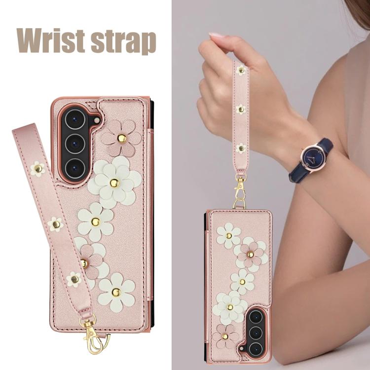 For Samsung Galaxy Z Fold5 Crossbody Flower Pattern Leather Phone Case