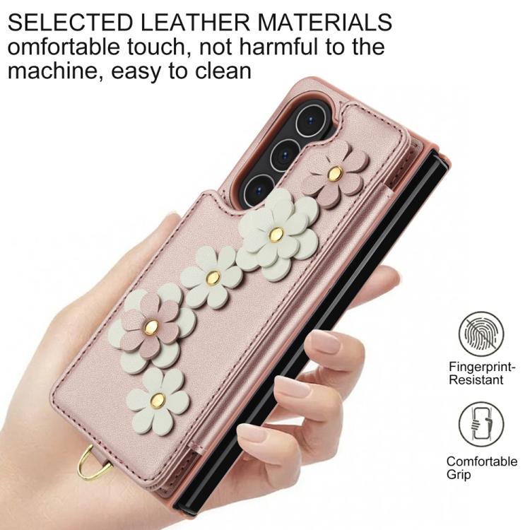 For Samsung Galaxy Z Fold5 Crossbody Flower Pattern Leather Phone Case