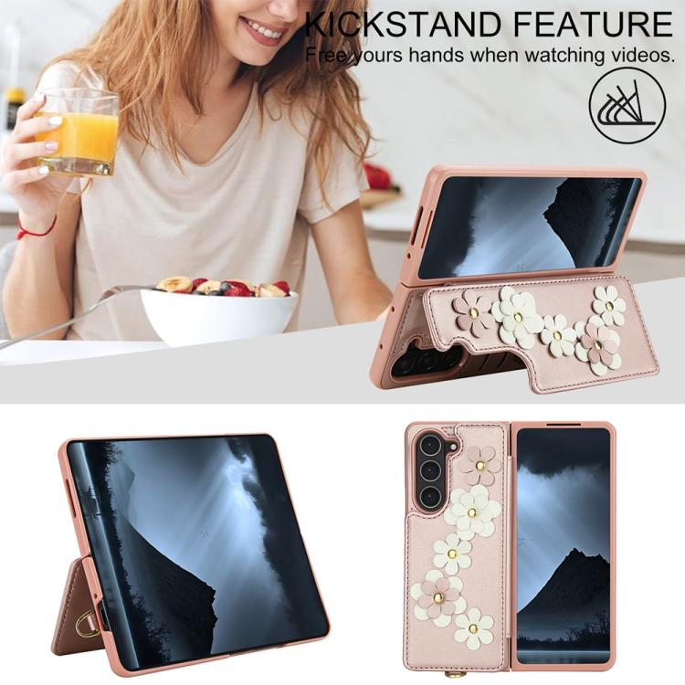 For Samsung Galaxy Z Fold5 Crossbody Flower Pattern Leather Phone Case