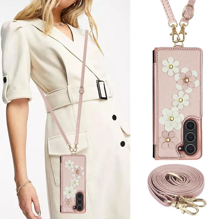 For Samsung Galaxy Z Fold5 Crossbody Flower Pattern Leather Phone Case