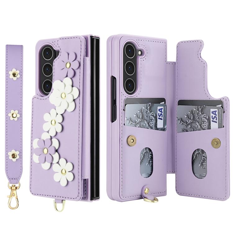 For Samsung Galaxy Z Fold5 Crossbody Flower Pattern Leather Phone Case