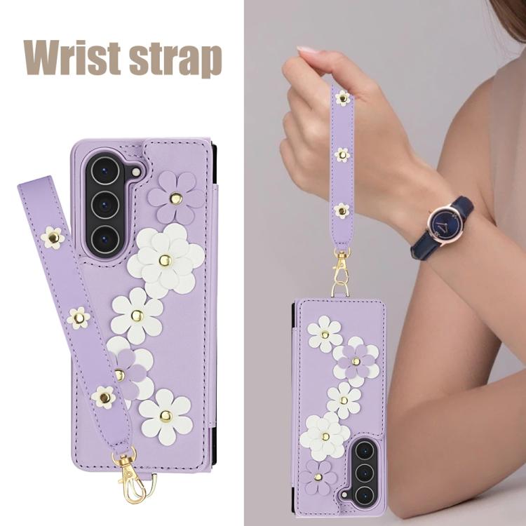 For Samsung Galaxy Z Fold5 Crossbody Flower Pattern Leather Phone Case