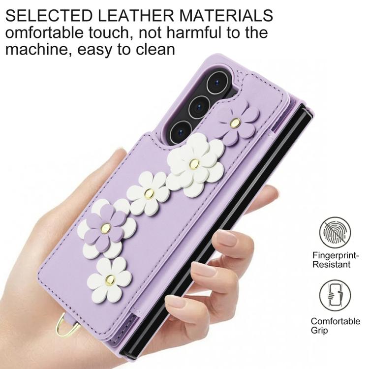 For Samsung Galaxy Z Fold5 Crossbody Flower Pattern Leather Phone Case