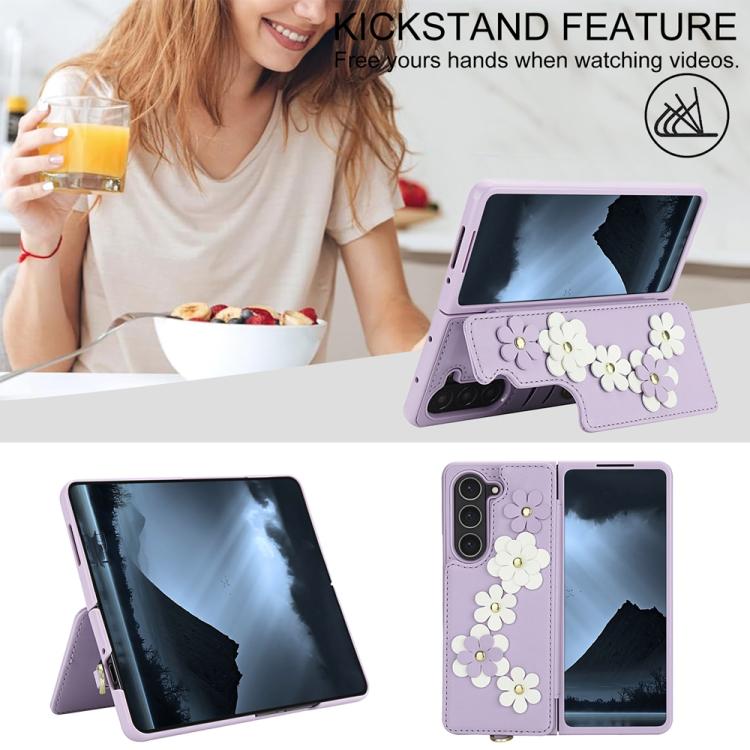 For Samsung Galaxy Z Fold5 Crossbody Flower Pattern Leather Phone Case