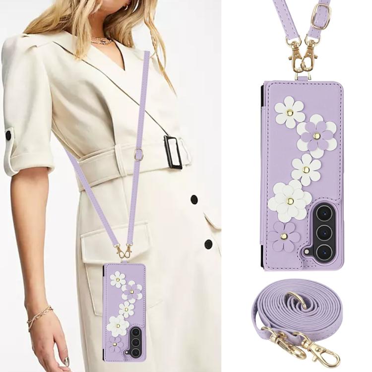 For Samsung Galaxy Z Fold5 Crossbody Flower Pattern Leather Phone Case