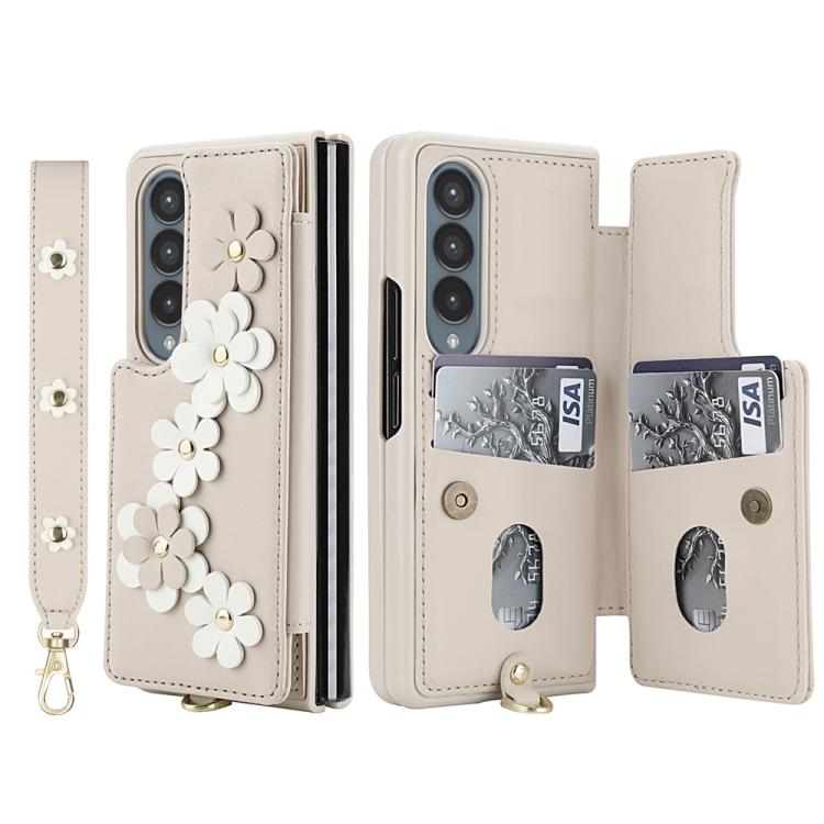 For Samsung Galaxy Z Fold4 Crossbody Flower Pattern Leather Phone Case