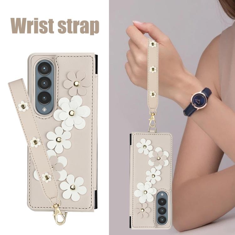 For Samsung Galaxy Z Fold4 Crossbody Flower Pattern Leather Phone Case