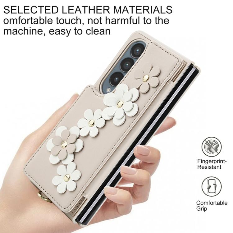 For Samsung Galaxy Z Fold4 Crossbody Flower Pattern Leather Phone Case