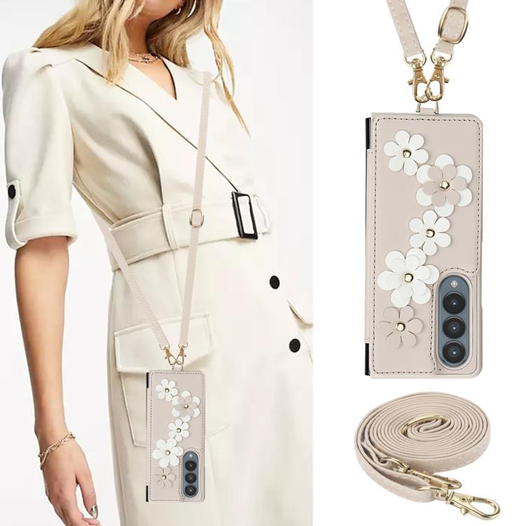 For Samsung Galaxy Z Fold4 Crossbody Flower Pattern Leather Phone Case