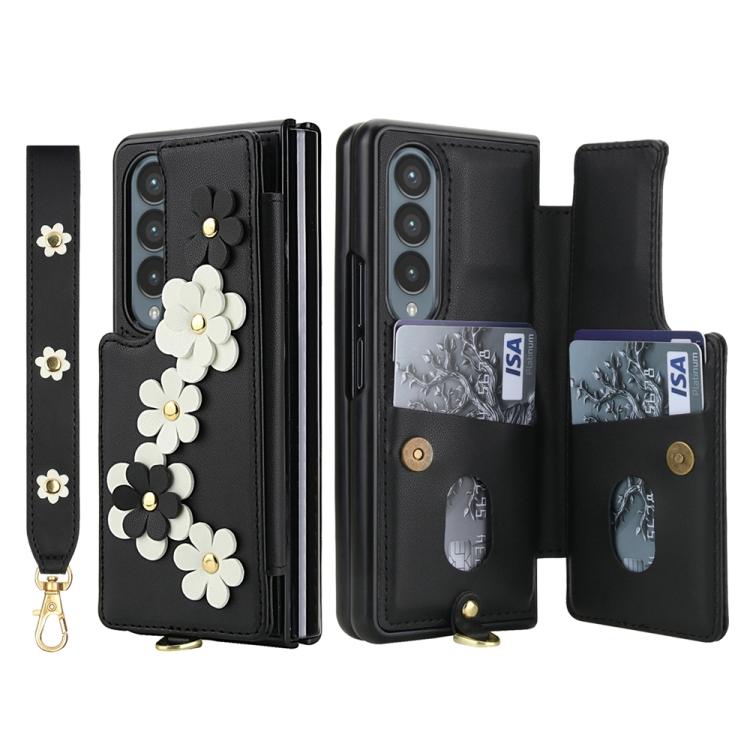 For Samsung Galaxy Z Fold4 Crossbody Flower Pattern Leather Phone Case