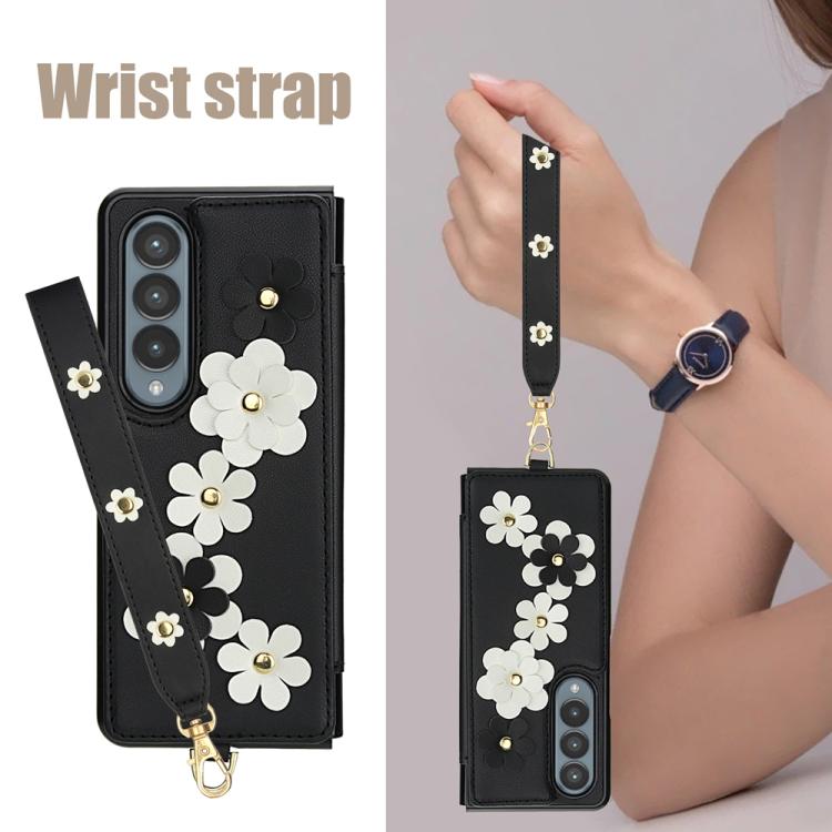 For Samsung Galaxy Z Fold4 Crossbody Flower Pattern Leather Phone Case