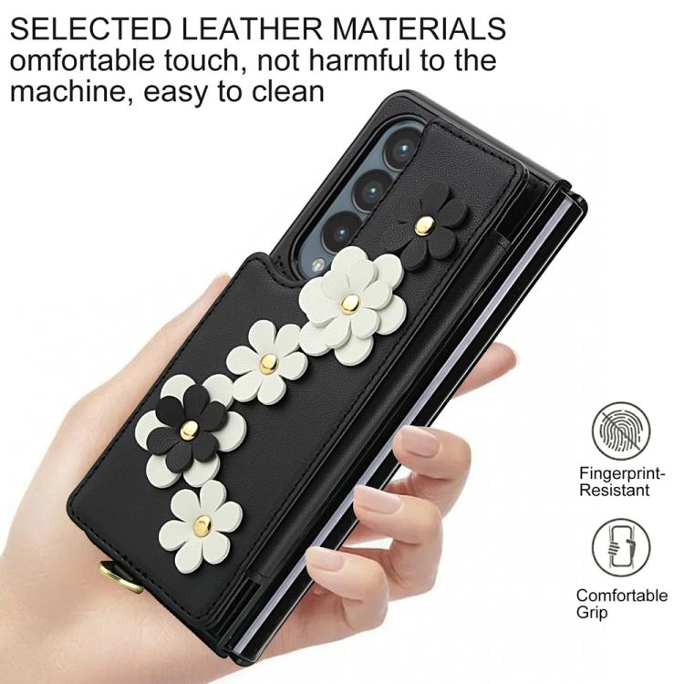 For Samsung Galaxy Z Fold4 Crossbody Flower Pattern Leather Phone Case