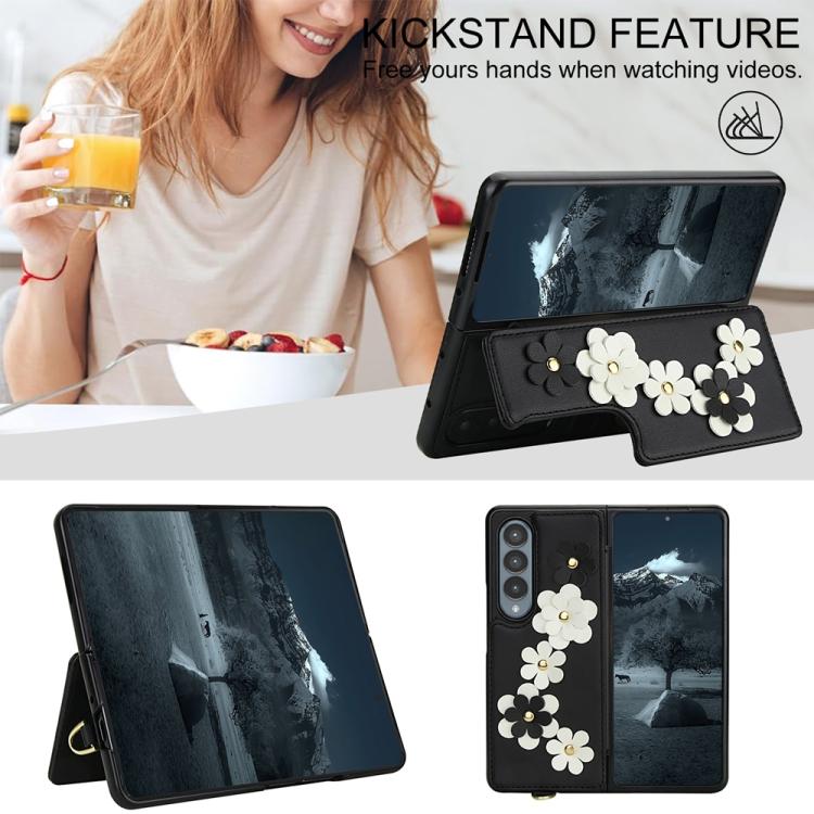 For Samsung Galaxy Z Fold4 Crossbody Flower Pattern Leather Phone Case