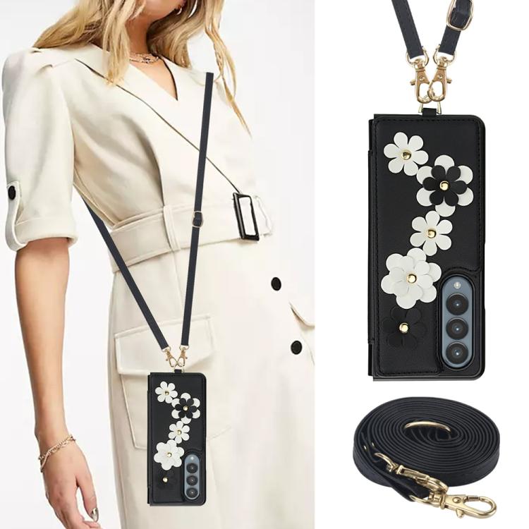 For Samsung Galaxy Z Fold4 Crossbody Flower Pattern Leather Phone Case
