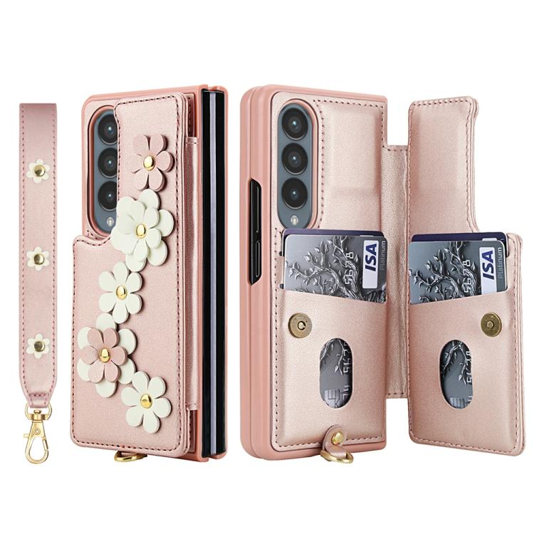 For Samsung Galaxy Z Fold4 Crossbody Flower Pattern Leather Phone Case