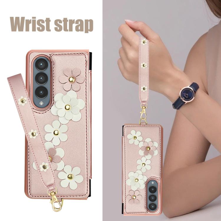 For Samsung Galaxy Z Fold4 Crossbody Flower Pattern Leather Phone Case