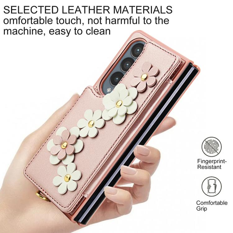 For Samsung Galaxy Z Fold4 Crossbody Flower Pattern Leather Phone Case