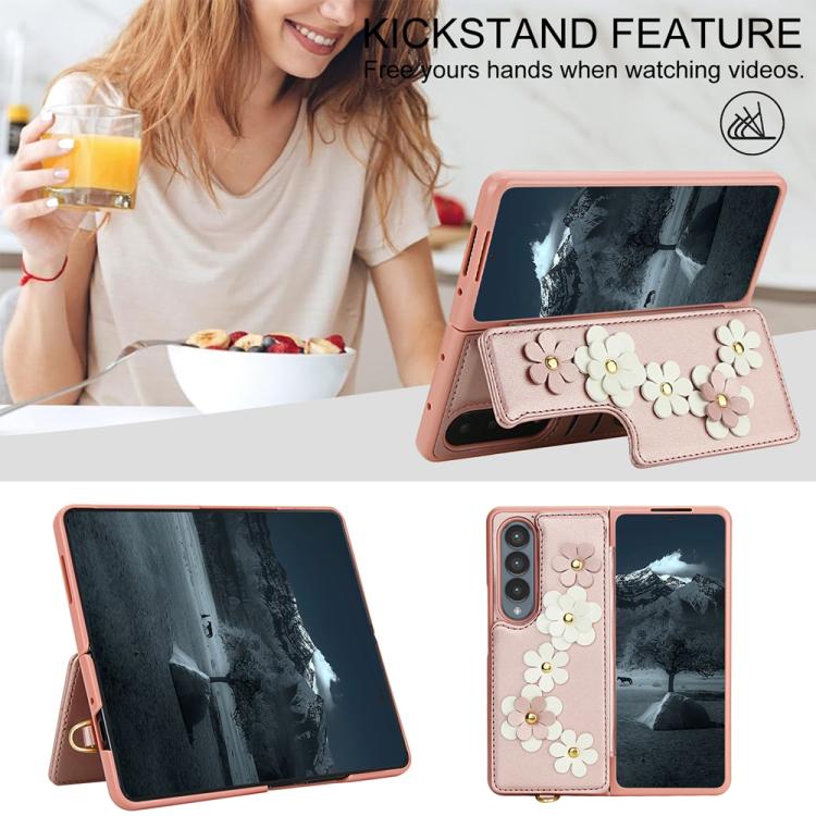 For Samsung Galaxy Z Fold4 Crossbody Flower Pattern Leather Phone Case