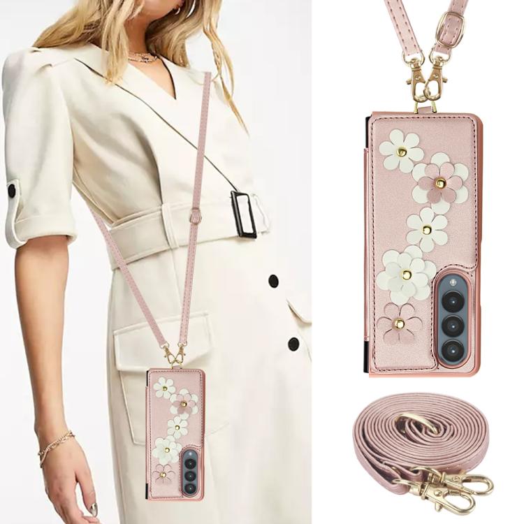 For Samsung Galaxy Z Fold4 Crossbody Flower Pattern Leather Phone Case