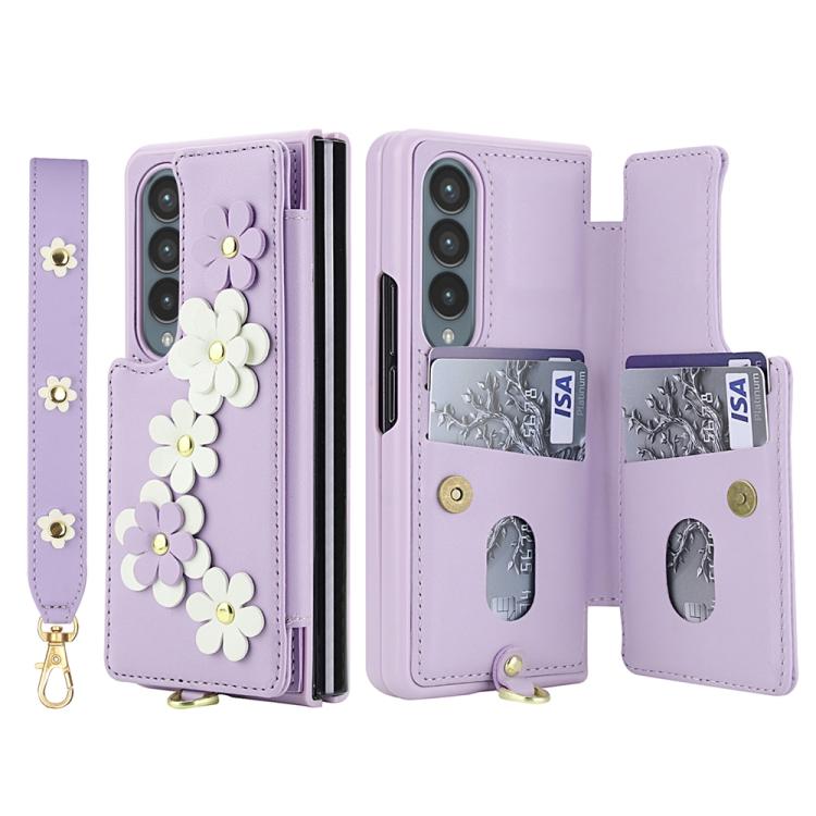 For Samsung Galaxy Z Fold4 Crossbody Flower Pattern Leather Phone Case
