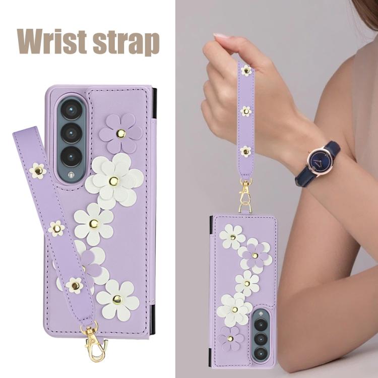 For Samsung Galaxy Z Fold4 Crossbody Flower Pattern Leather Phone Case