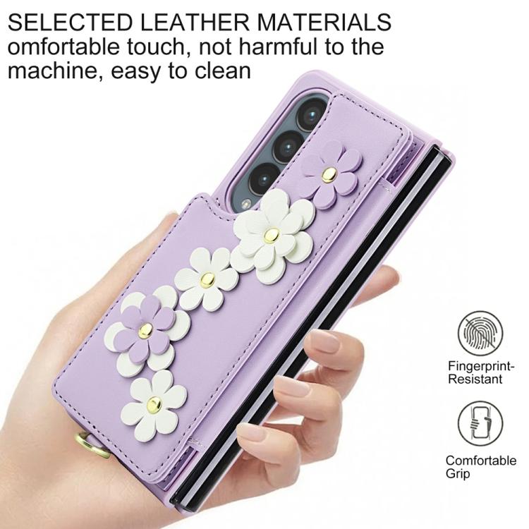 For Samsung Galaxy Z Fold4 Crossbody Flower Pattern Leather Phone Case