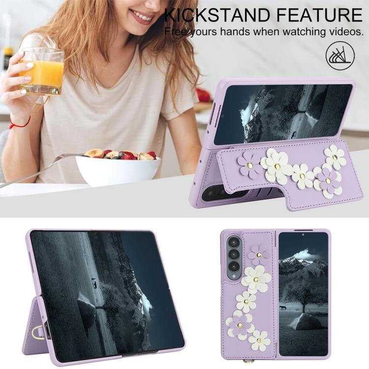 For Samsung Galaxy Z Fold4 Crossbody Flower Pattern Leather Phone Case
