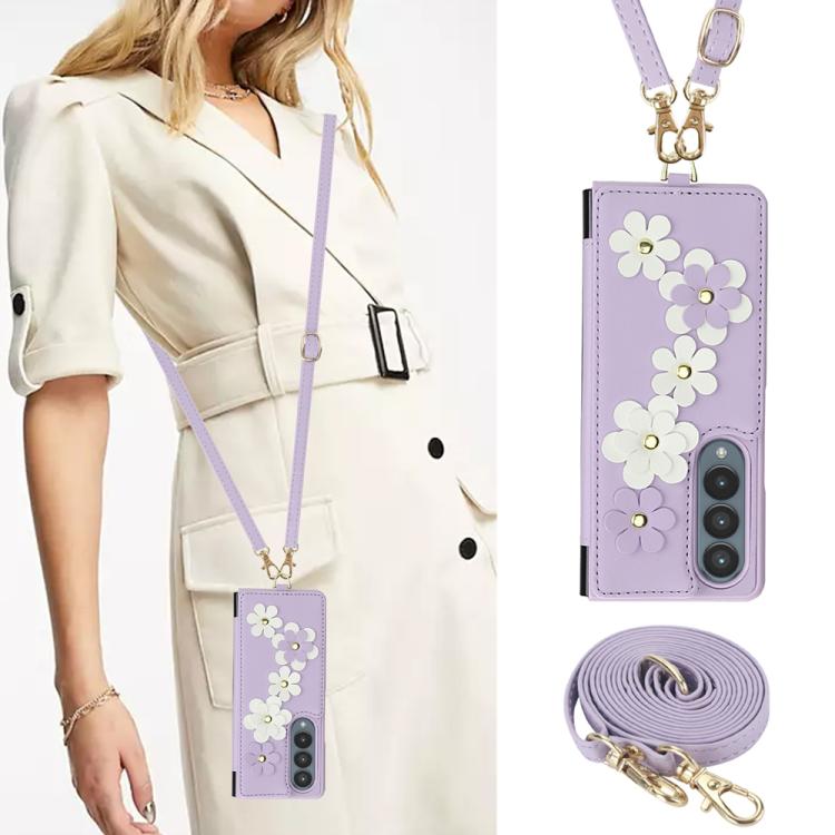 For Samsung Galaxy Z Fold4 Crossbody Flower Pattern Leather Phone Case