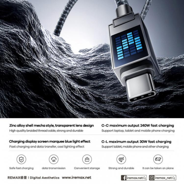 REMAX CB01 PD65W Type-C to Type-C Aluminum Alloy Braided Fast Charging Data Cable with LED Light, Length: 1.2m - Black